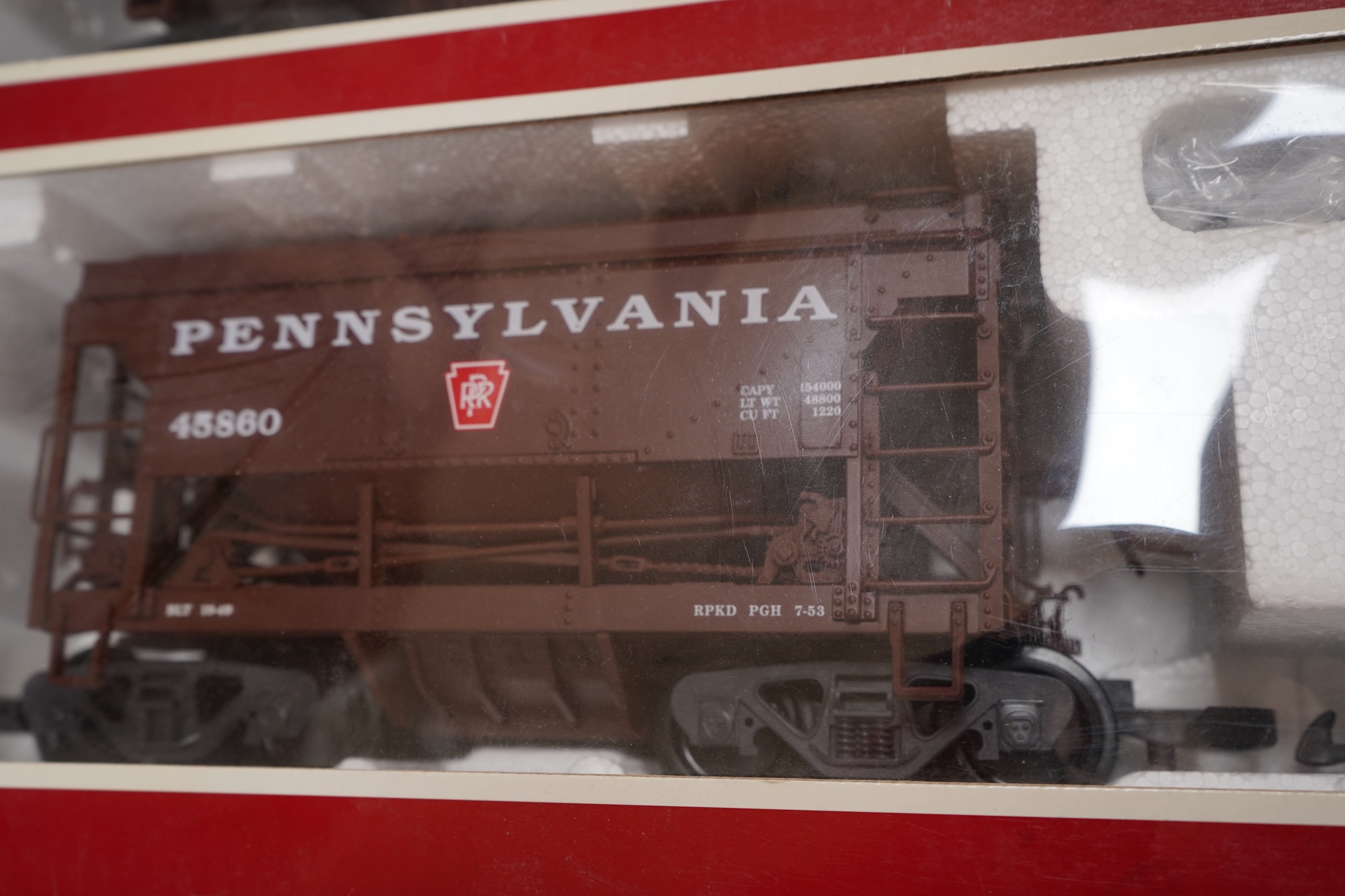 A boxed G scale (45mm) LGB set of four hopper wagons (40045). Condition - good.